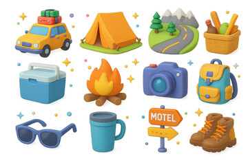 Adventure Icons Collection. Road Trip Planner. 3D icons set of Road Trip Planner: car packed with luggage, camping tent, mountain road, picnic basket, cooler