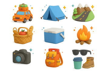 Adventure Icons Collection. Road Trip Planner. 3D icons set of Road Trip Planner: car packed with luggage, camping tent, mountain road, picnic basket, cooler