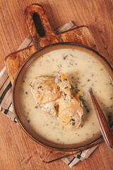 Chikhirtma chicken soup, Georgian dish, with lavash, top view, no people,