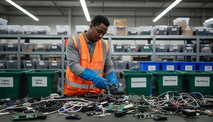 Man sorting electronic waste in industrial workspace with green bins  