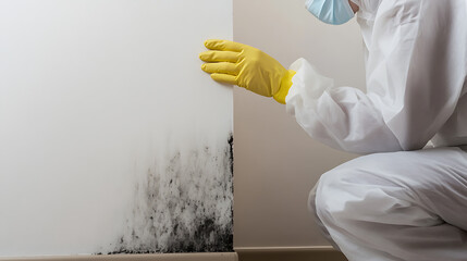 Mold Inspection: Specialist assesses indoor air quality with safety gear, analyzing wall mold for health and structural risks. Home safety first!