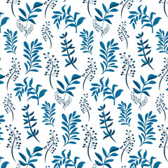 White background with stylized blue leaves.Vector seamless pattern with blue leaves on a white background.