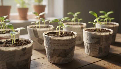 Young green plants growing in newspaper pots on wooden table  