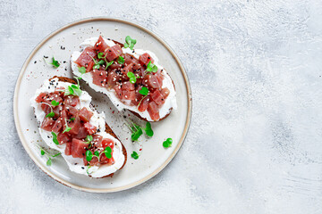 sandwiches, rye bread with cream cheese, sliced tuna fillet with herbs, breakfast, homemade,