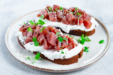 sandwiches, rye bread with cream cheese, sliced tuna fillet with herbs, breakfast, homemade,