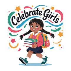 Inspiring girls walking to school, painting, coding, and standing as superheroes, surrounded by abstract shapes and stars, celebrating equality, diversity, and empowerment of girls worldwide.