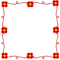 Elegant red line frame decorated with red flowers, minimalist floral border design, modern romantic outline with soft petals and clean lines, perfect for invitations, greeting cards, posters.
