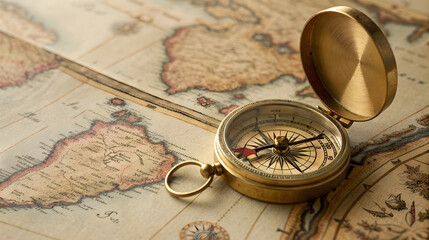Antique brass compass on vintage world map, exploration and navigation concept for travel blogs, history content, educational visuals, or adventure storytelling branding