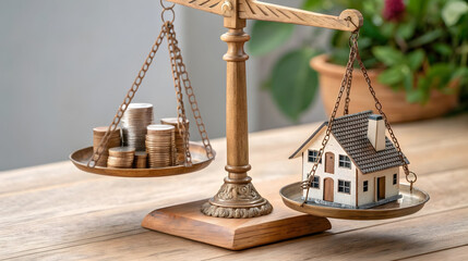 Real estate value concept with miniature house and coins on balance scale, housing market investment, property cost comparison, financial planning and mortgage visuals