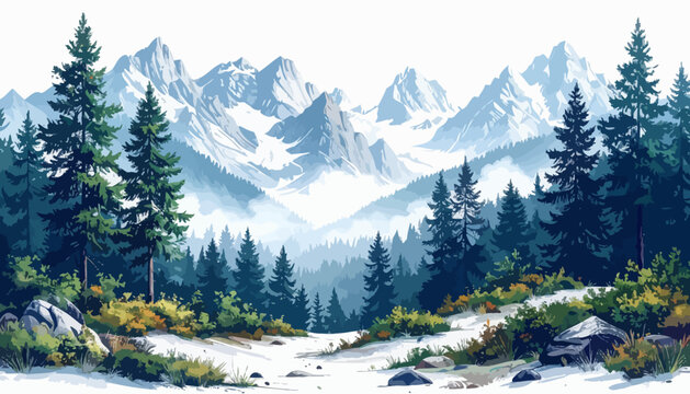 Snowy mountains landscape with evergreen trees