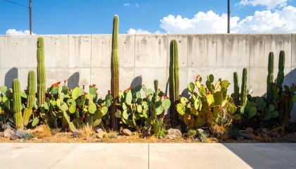 Desert Landscape with Cacti and Concrete Wall.
