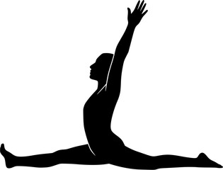 Fototapeta premium Hanumanasana: Full Splits solid yoga pose vector showing deep front and back leg extension with upright balance and raised arms, transparent design for yoga, health, wellness, and body alignment
