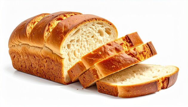A loaf of sliced white bread with a golden-brown crust and soft interior, one slice separated and lying flat in front.