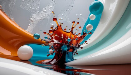 Vibrant Abstract Composition: Dynamic Liquid Splash, Colorful Spheres, and Fluid Shapes