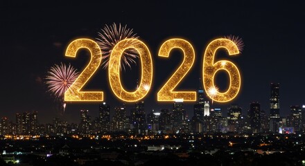 Sparkling 2026 New Year Celebration over City Skyline with Fireworks Display