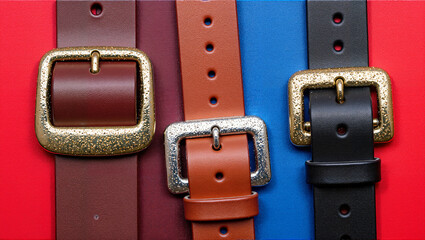 Leather belts with metal buckles on colorful background  