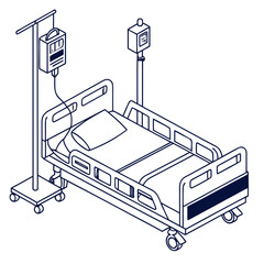 A simple isometric line art illustration of a hospital bed with a pillow and blankets alongside an iv pole with an infusion pump and drip bag symbolizing medical care and treatment