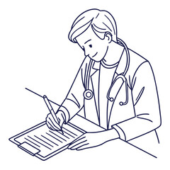 A smiling male doctor wearing a stethoscope and white coat is diligently writing notes on a clipboard with a pen illustrating medical care and documentation