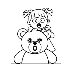 Obraz premium Whimsical Line Art Depicting an Adorable Girl and a Wide Eyed Teddy Bear with Button Eyes