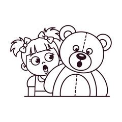 Line Art of a Surprised Girl and a Teddy Bear Companion in an Outlined Composition Style for Children