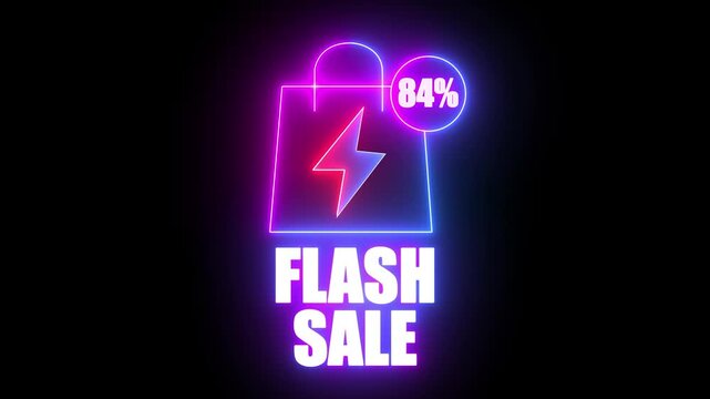 Neon Flash Sale Shopping Bag With 84 Percent Discount And Lightning Bolt Symbol On Black Background image