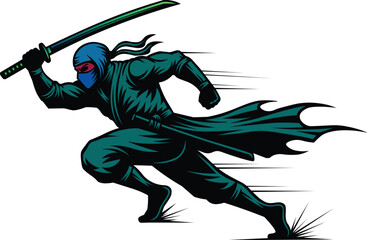 Dynamic Ninja Warrior Mid-Action Displaying Agility and Precision with Katana Sword in Hand, Dressed in Traditional Blue Costume