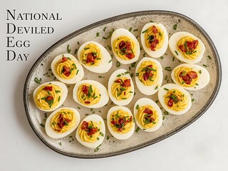Illustration of overhead view of deviled eggs on a platter for national deviled egg day isolated on white background