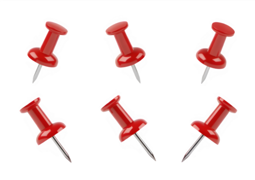 A set of red pushpins on transparent background