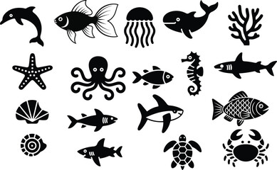 Fish Icon Set – Aquatic Animal Silhouette Collection on White Background