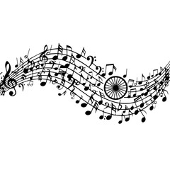 Obraz premium Swirling Musical Notes and Symbols with a Bicycle Wheel Silhouette.