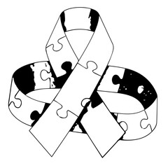Symbolic Autism Awareness Ribbon with Puzzle Pieces, Black and White Design.