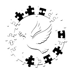Symbolic Dove of Peace with Olive Branch Surrounded by Puzzle Pieces.