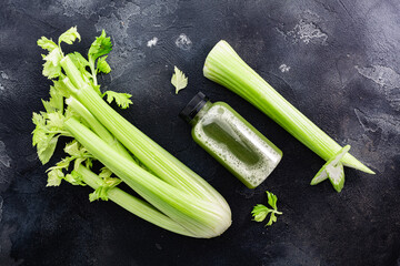 Celery fresh pressed juice concept, top view