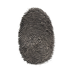 Close-up of a detailed, textured fingerprint with a swirling pattern on a white background
