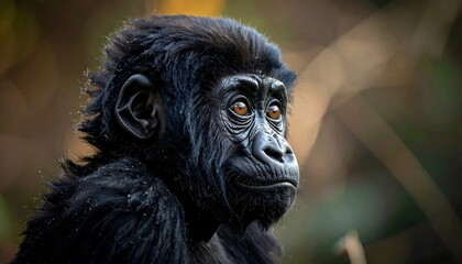 A close-up of a young primate gazing thoughtfully to the right. Its dark fur and soulful eyes contrast with the bokeh background
