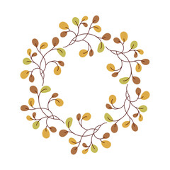 Circular autumn wreath composed of delicate branches and warm-toned leaves. Ideal for invitation, greeting card, packaging or seasonal decor. Flat botanical vector illustration in minimal style.