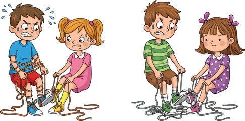 Children tying shoelaces, teamwork challenge, emotional learning, frustrated kids, cooperative play, cartoon vector, white background, childhood activity, problem solving, fun