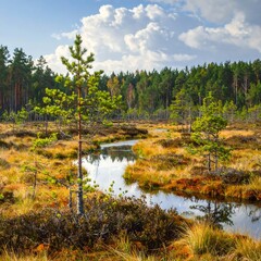 Autumnal Bog Landscape with Stream.