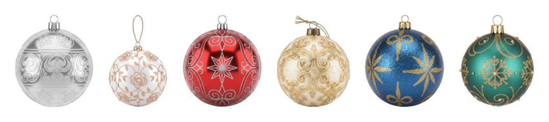 Christmas ornament set including silver, red, white, blue, and teal baubles with intricate patterns isolated. Festive holiday decor collection.