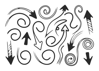 Collection of 25 hand drawn swirly and looping arrow doodles for design projects