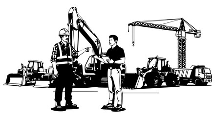 Busy construction site with heavy machinery, cranes, and workers coordinating at a development project.