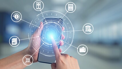 Fototapeta premium Online banking and digital banking innovation combining finance and technology, optimizing online banking systems, mobile banking services, and fintech for seamless experience. Spire