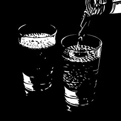 Two Transparent Glasses Being Filled with Sparkling Liquid, Monochrome Illustration.