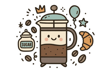 Cheerful French Press Doodle. French press illustration doodle style: hand drawn french press with smile, crown, star, balloon,