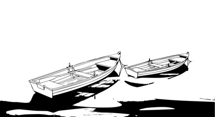 Two Wooden Rowboats Floating Side-by-Side, Casting Shadows on Water Surface.