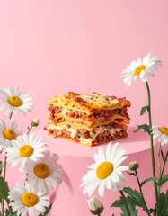 Pink Background Lasagna Dish with Flowers.