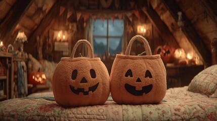 Fototapeta premium Festive Halloween pumpkin basket in cozy attic setting ready for trick or treat adventures