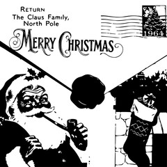 Vintage Black and White Illustration of Santa Claus Smoking a Pipe.