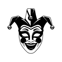 Vintage Black and White Jester Mask with Smiling Face and Bells.