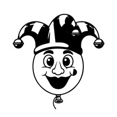 Vintage Black and White Jester Balloon with Smiling Face and Bells.